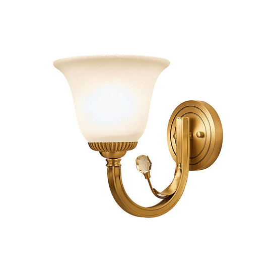 Brass 1/2-Light Wall Sconce With Colonial Frosted Glass Bell Shade - Elegant Corridor Lamp