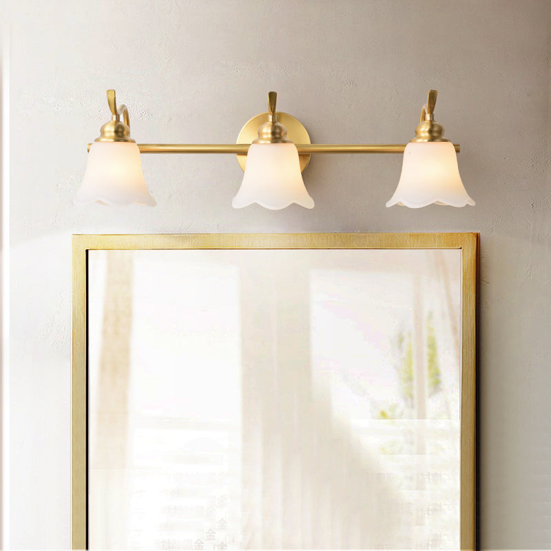 Traditional Brass Bathroom Wall Sconce With Flower Cream Glass Shade - 2/3 Bulbs Vanity Light
