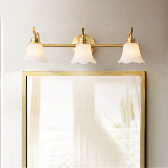 Traditional Brass Bathroom Wall Sconce With Flower Cream Glass Shade - 2/3 Bulbs Vanity Light