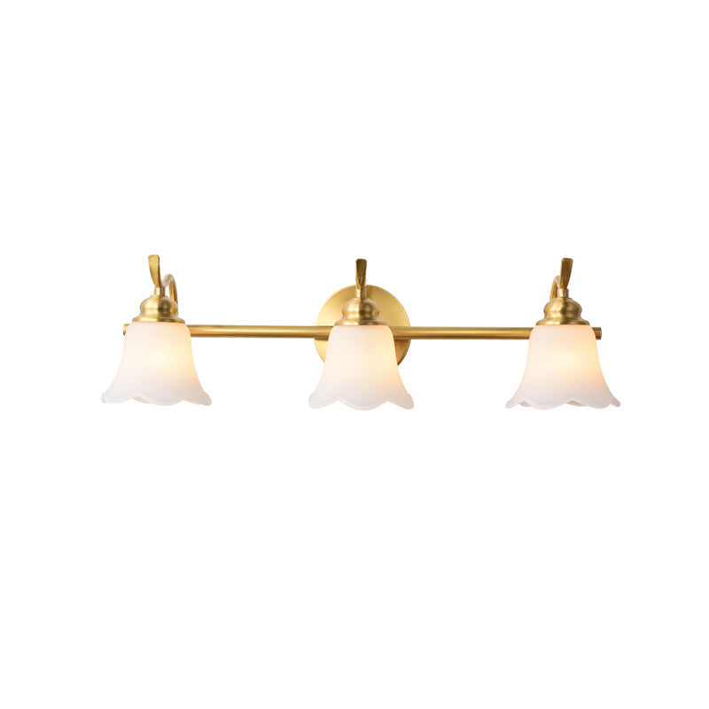 Traditional Brass Bathroom Wall Sconce With Flower Cream Glass Shade - 2/3 Bulbs Vanity Light