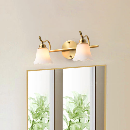 Traditional Brass Bathroom Wall Sconce With Flower Cream Glass Shade - 2/3 Bulbs Vanity Light
