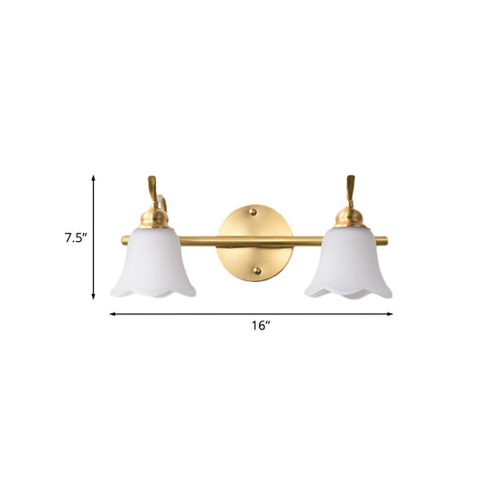 Traditional Brass Bathroom Wall Sconce With Flower Cream Glass Shade - 2/3 Bulbs Vanity Light