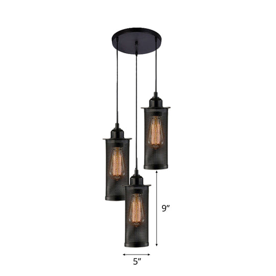 Vintage 3/8 Bulbs Pendant Light With Mesh Shade - Stylish Kitchen Ceiling Fixture In Black