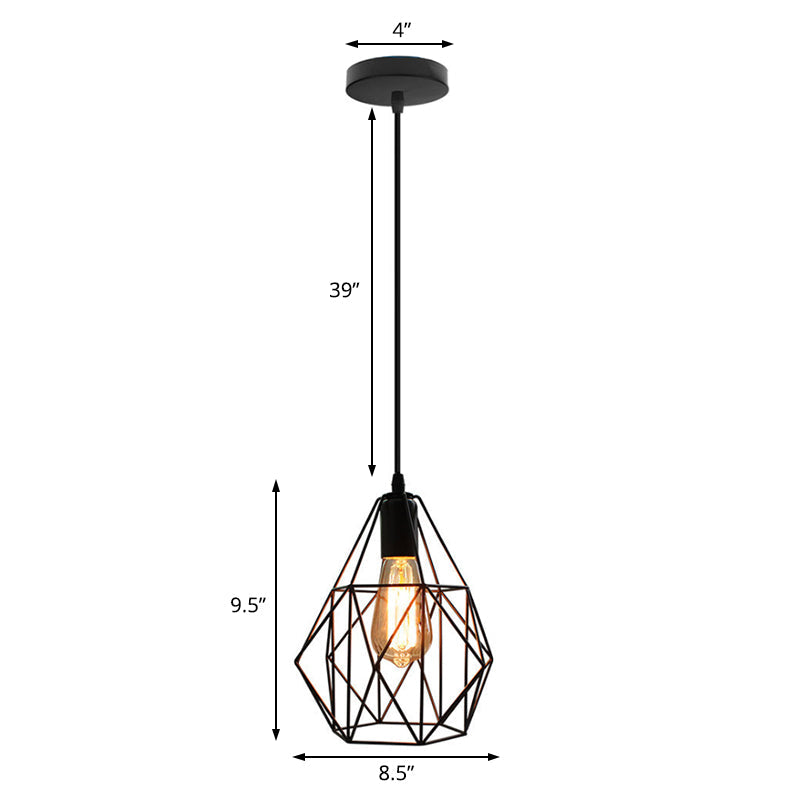 Industrial Diamond Cage Pendant Light In Black Finish - Perfect For Dining Room Ceilings