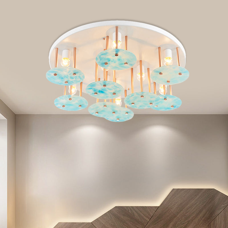 Blue Gradient Glass 9 - Head Semi Flush Kids Ceiling Mount Light With White And Gold Finish