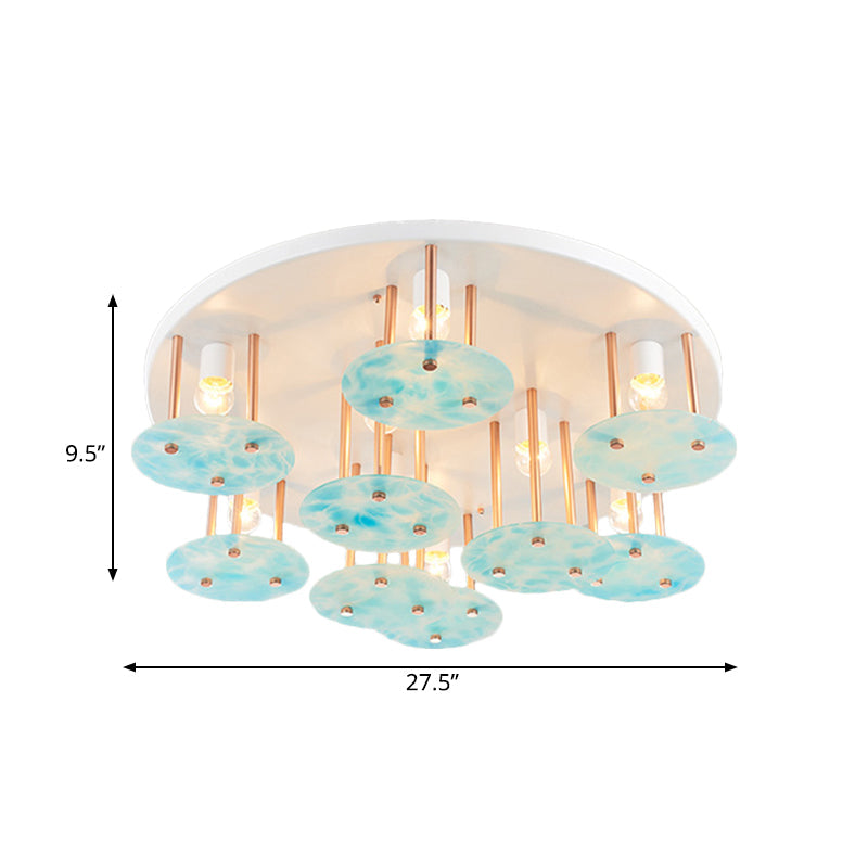 Blue Gradient Glass 9 - Head Semi Flush Kids Ceiling Mount Light With White And Gold Finish