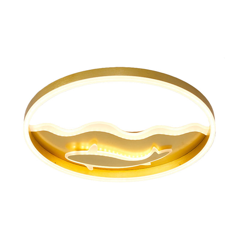 Kids Style Super Thin Led Flush-Mount Ceiling Light With Fish/Apple Pattern In Gold - Acrylic