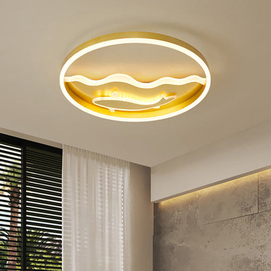 Kids Style Super Thin Led Flush-Mount Ceiling Light With Fish/Apple Pattern In Gold - Acrylic