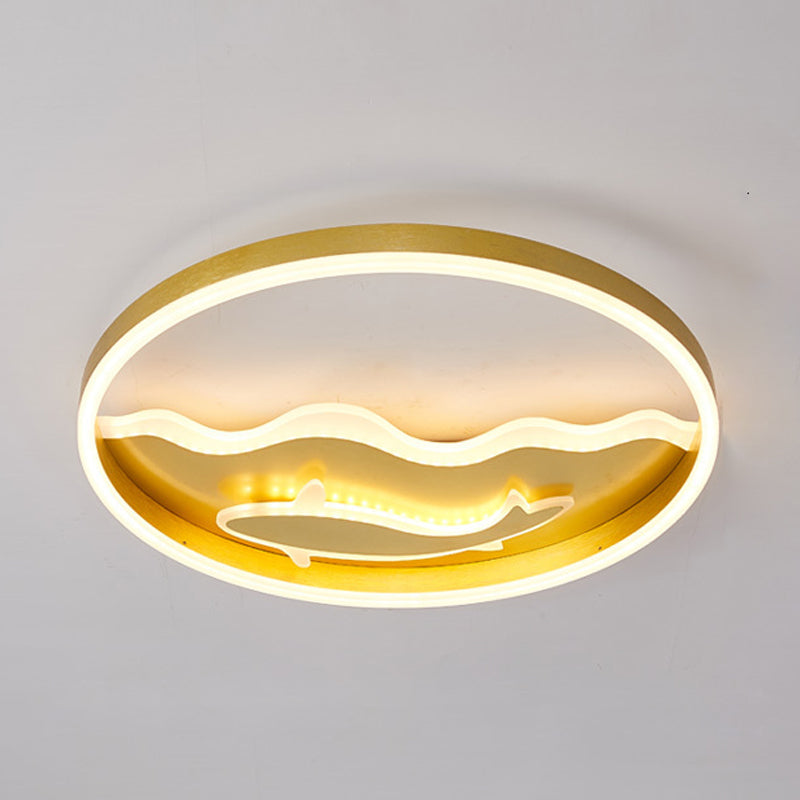 Kids Style Super Thin Led Flush-Mount Ceiling Light With Fish/Apple Pattern In Gold - Acrylic