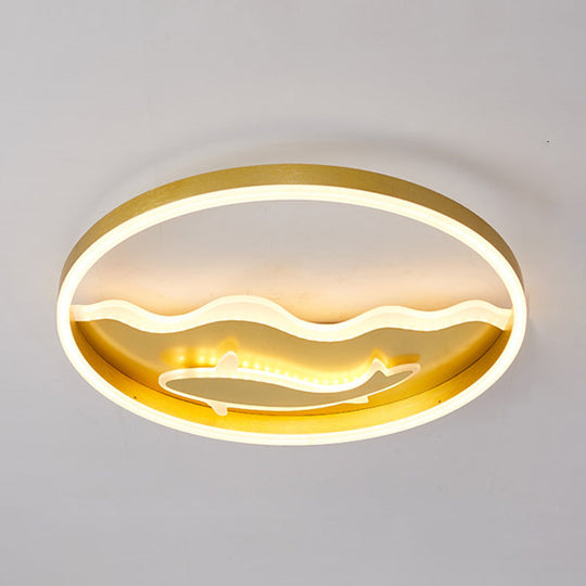 Kids Style Super Thin Led Flush-Mount Ceiling Light With Fish/Apple Pattern In Gold - Acrylic