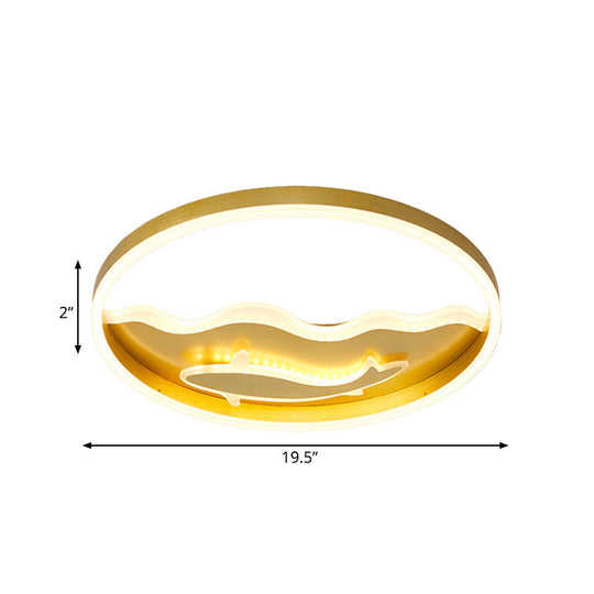 Kids Style Super Thin Led Flush - Mount Ceiling Light With Fish/Apple Pattern In Gold - Acrylic
