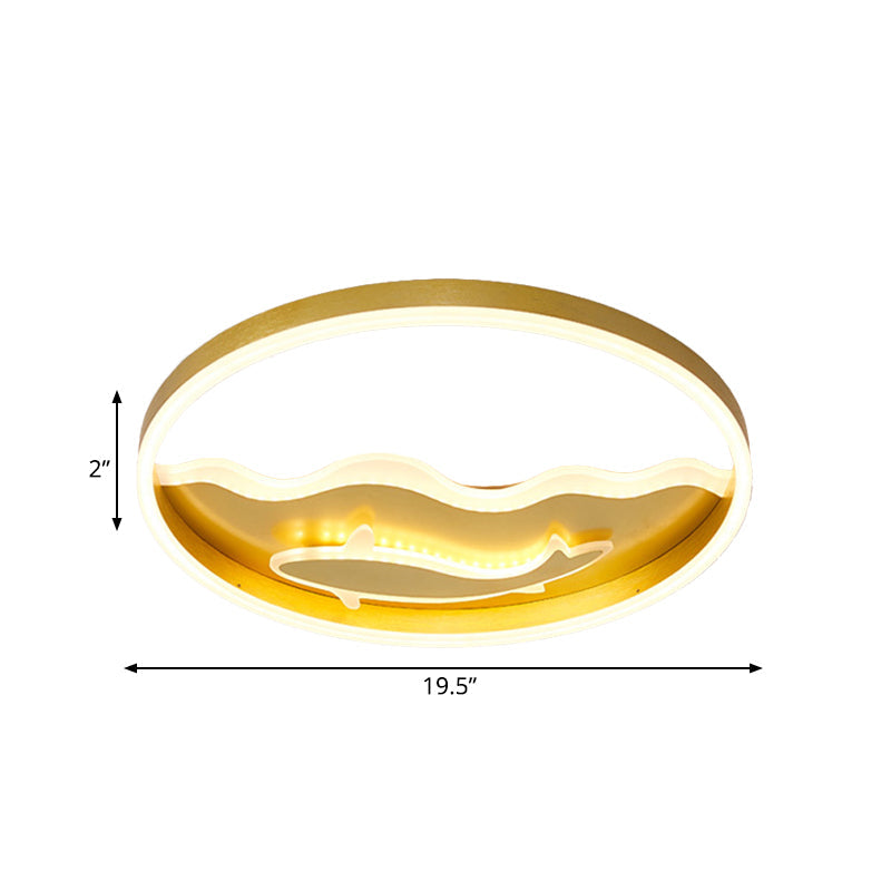 Kids Style Super Thin Led Flush-Mount Ceiling Light With Fish/Apple Pattern In Gold - Acrylic