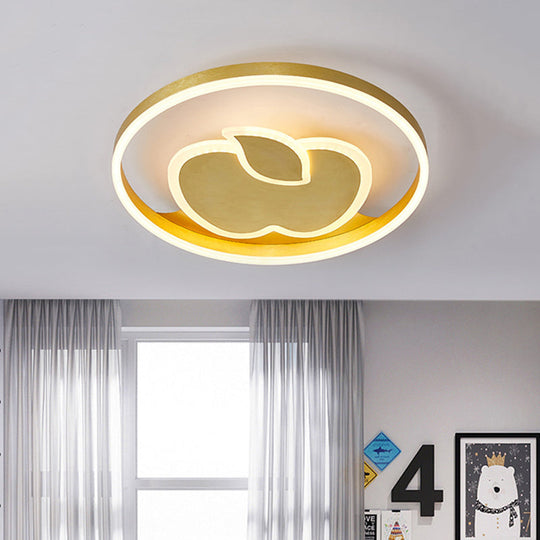 Kids Style Super Thin Led Flush - Mount Ceiling Light With Fish/Apple Pattern In Gold - Acrylic