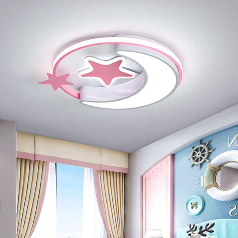Contemporary Acrylic Flushmount Light For Kids Bedroom - Crescent And Star Design In Pink/Gold/Blue