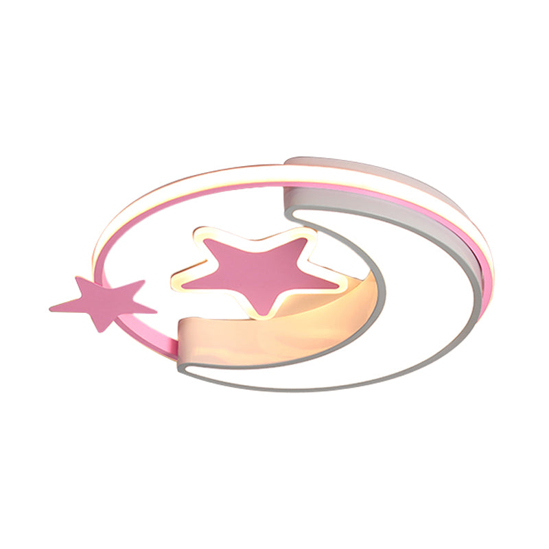 Contemporary Acrylic Flushmount Light For Kids Bedroom - Crescent And Star Design In Pink/Gold/Blue