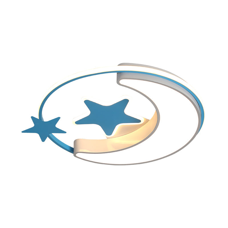 Contemporary Acrylic Flushmount Light For Kids Bedroom - Crescent And Star Design In Pink/Gold/Blue