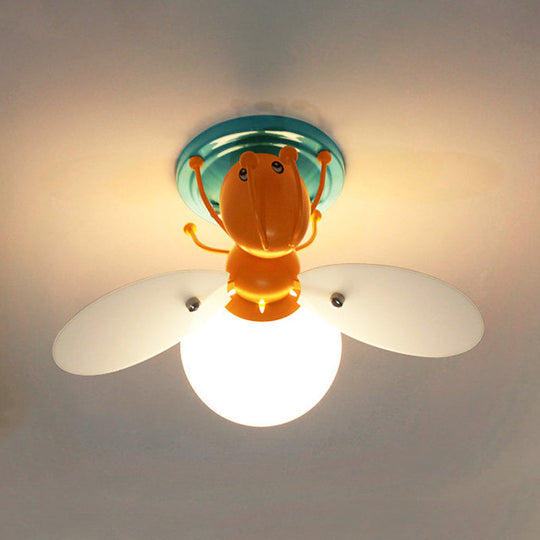 Childrens Firefly White Glass Flush Mount Light With 1 Orange Bulb - Ideal For Corridors