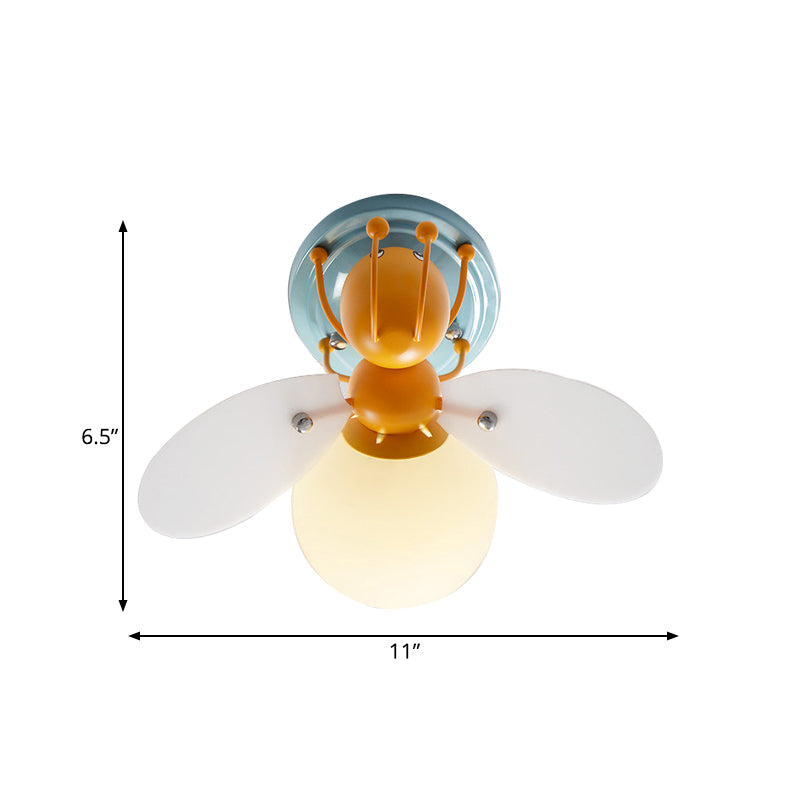 Childrens Firefly White Glass Flush Mount Light With 1 Orange Bulb - Ideal For Corridors