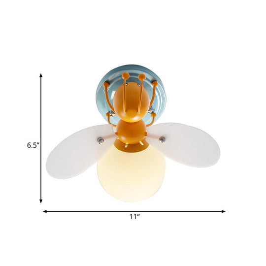 Childrens Firefly White Glass Flush Mount Light With 1 Orange Bulb - Ideal For Corridors