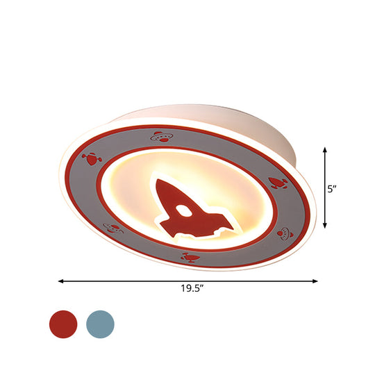 Rocket Led Ceiling Light For Boys Room - Acrylic Flush Mount Fixture In Blue/Red