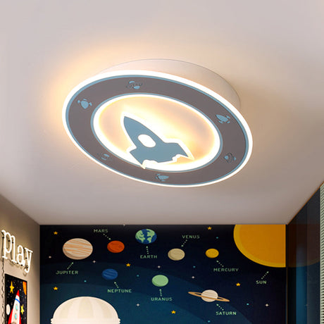 Rocket Led Ceiling Light For Boys Room - Acrylic Flush Mount Fixture In Blue/Red