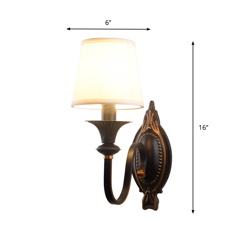 Countryside Black Fabric Sconce Light With Curvy Arm - Cone Shade Wall Lighting Fixture