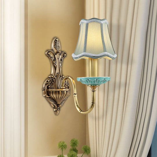 Rustic Scalloped Corridor Wall Sconce - Fabric 1/2-Light Brass Lighting Curved Arm Design