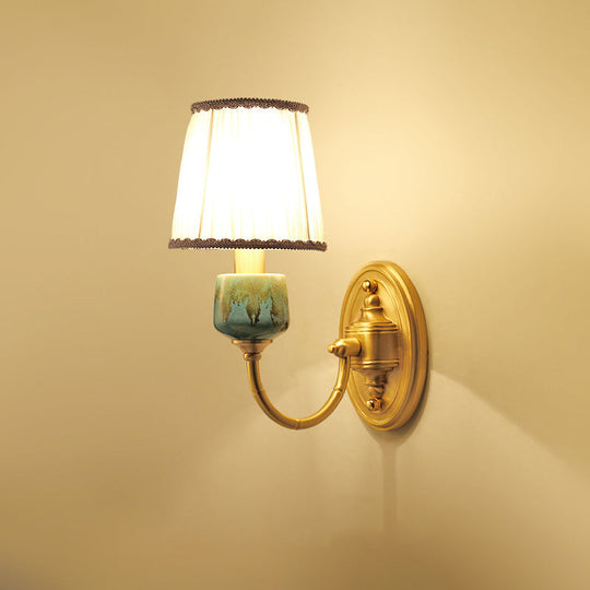 Brass Wall Hanging Light With Classic Swooping Arm And Fabric Shade