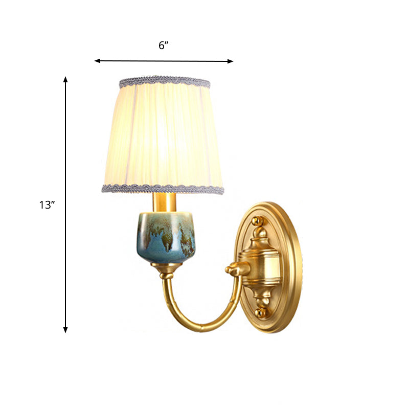 Brass Wall Hanging Light With Classic Swooping Arm And Fabric Shade