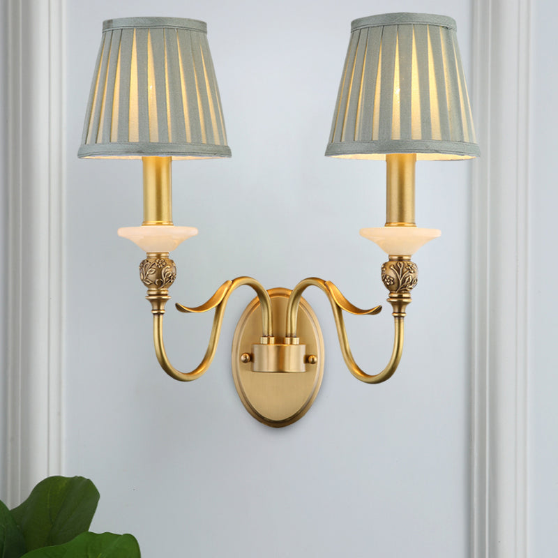 Retro Brass Finish Wall Light Sconce - 2 Heads Tapered Design For Living Room