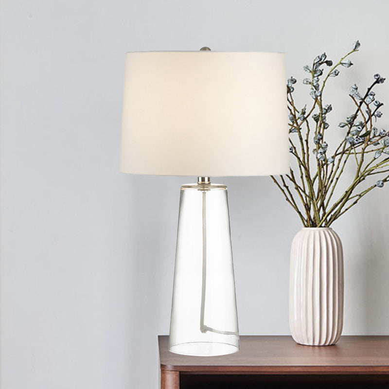 Classic Glass Nightstand Lamp With Clear Cone Table Light & White Fabric Shade