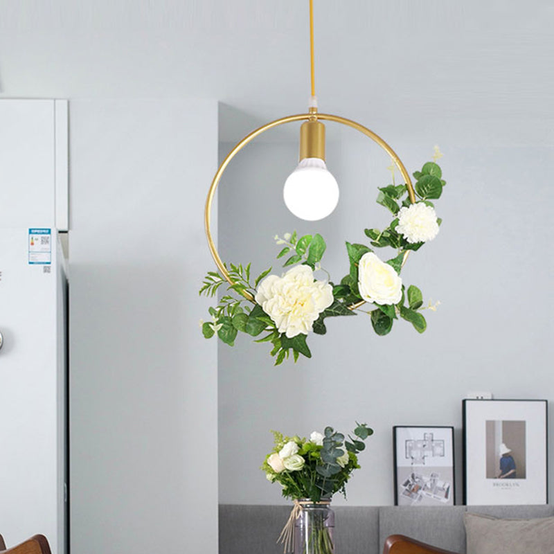 Gold Iron Rectangle/Round Frame Pendant Light With Artificial Bloom Deco - Stylish Suspended