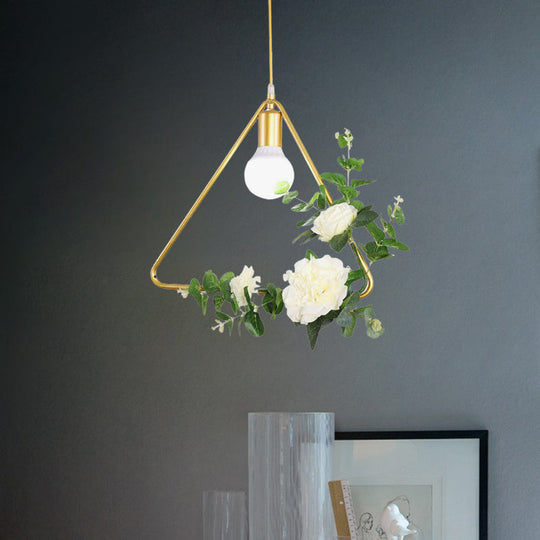 Gold Iron Rectangle/Round Frame Pendant Light With Artificial Bloom Deco - Stylish Suspended