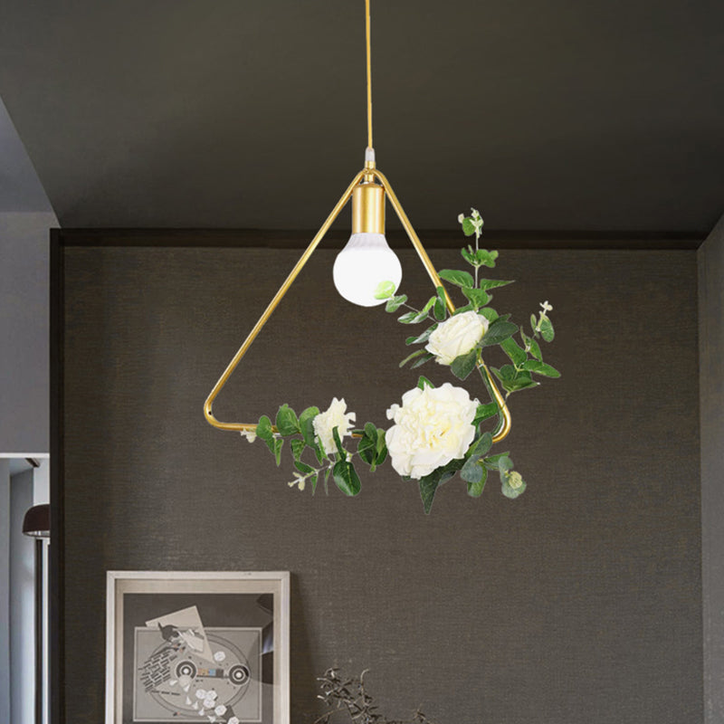 Gold Iron Rectangle/Round Frame Pendant Light With Artificial Bloom Deco - Stylish Suspended