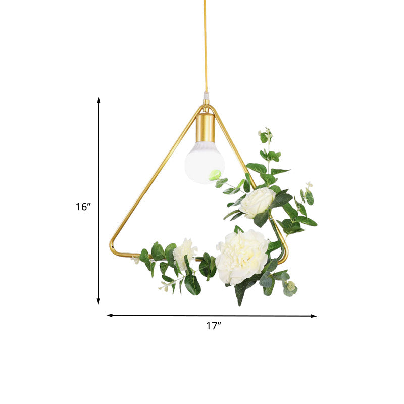 Gold Iron Rectangle/Round Frame Pendant Light With Artificial Bloom Deco - Stylish Suspended