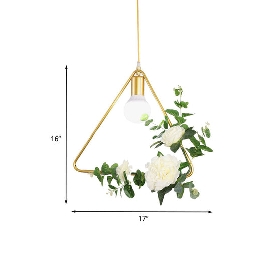 Gold Iron Rectangle/Round Frame Pendant Light With Artificial Bloom Deco - Stylish Suspended