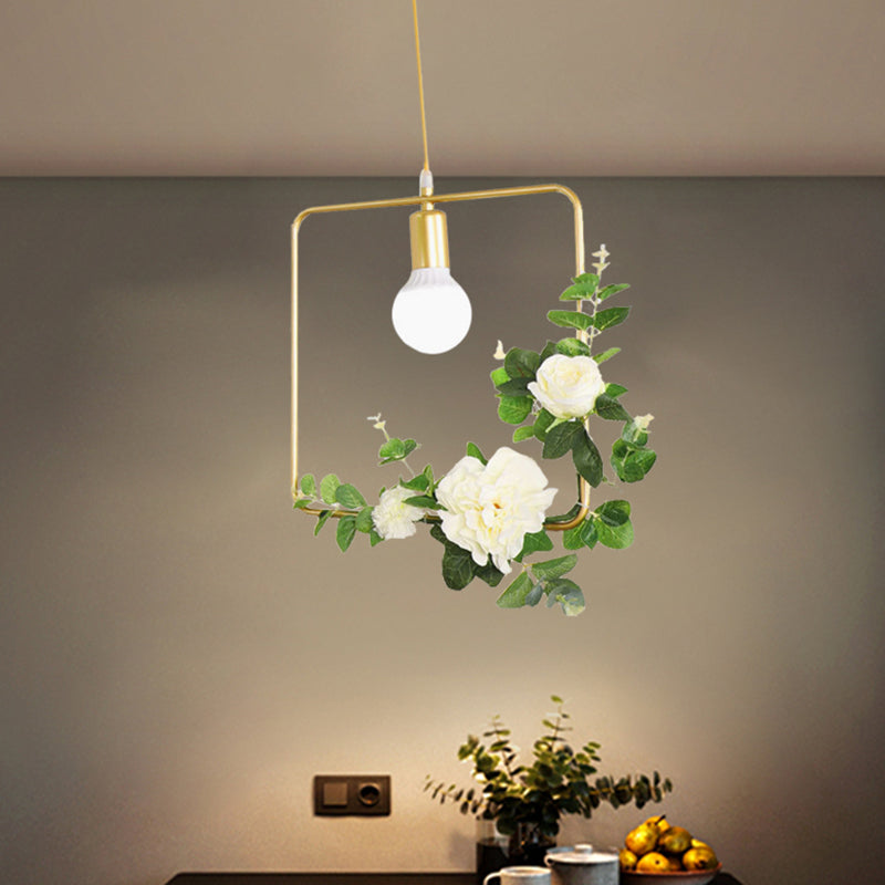Gold Iron Rectangle/Round Frame Pendant Light With Artificial Bloom Deco - Stylish Suspended
