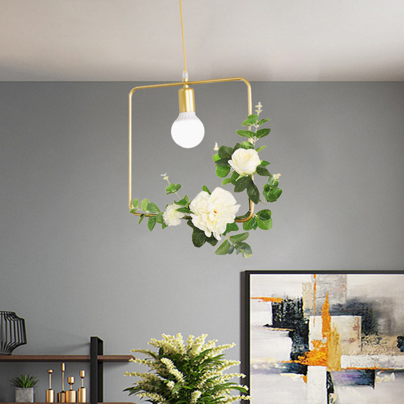 Gold Iron Rectangle/Round Frame Pendant Light With Artificial Bloom Deco - Stylish Suspended