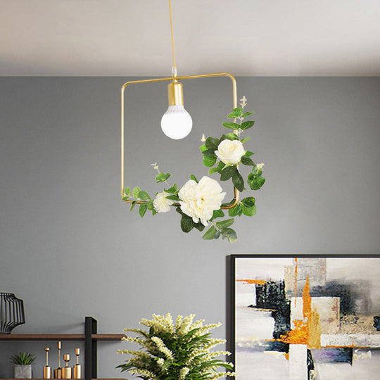 Gold Iron Rectangle/Round Frame Pendant Light With Artificial Bloom Deco - Stylish Suspended