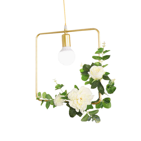 Gold Iron Rectangle/Round Frame Pendant Light With Artificial Bloom Deco - Stylish Suspended