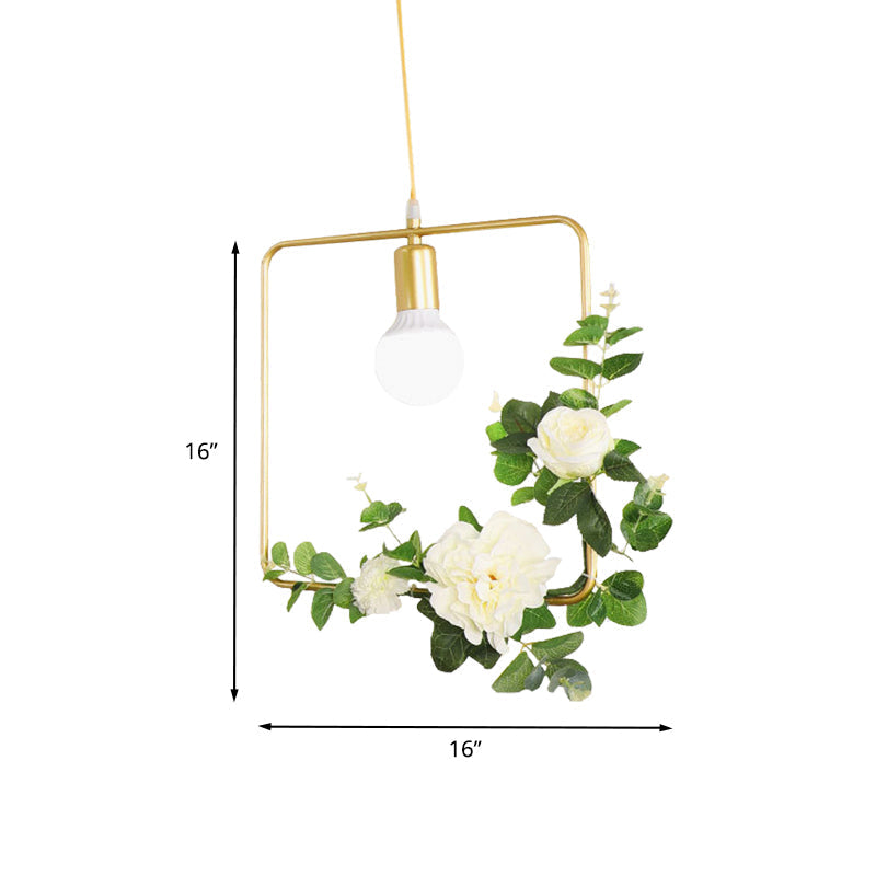 Gold Iron Rectangle/Round Frame Pendant Light With Artificial Bloom Deco - Stylish Suspended