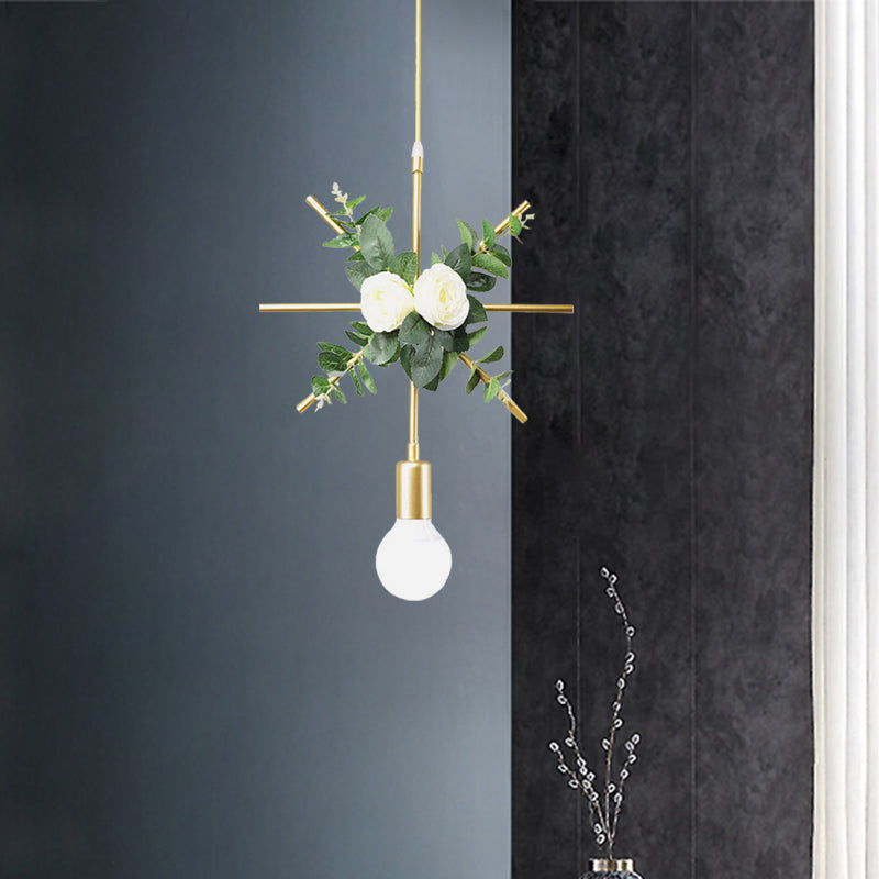 Gold Iron Rectangle/Round Frame Pendant Light With Artificial Bloom Deco - Stylish Suspended