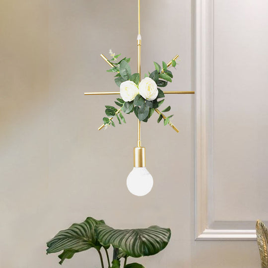 Gold Iron Rectangle/Round Frame Pendant Light With Artificial Bloom Deco - Stylish Suspended