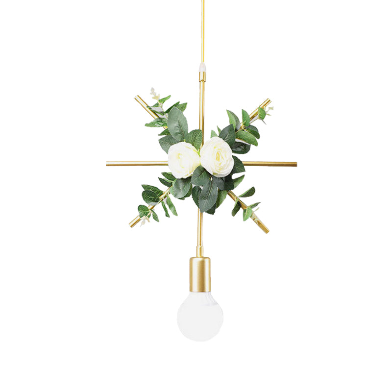 Gold Iron Rectangle/Round Frame Pendant Light With Artificial Bloom Deco - Stylish Suspended