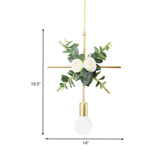 Gold Iron Rectangle/Round Frame Pendant Light With Artificial Bloom Deco - Stylish Suspended