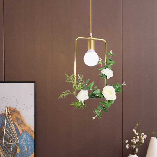 Gold Iron Rectangle/Round Frame Pendant Light With Artificial Bloom Deco - Stylish Suspended