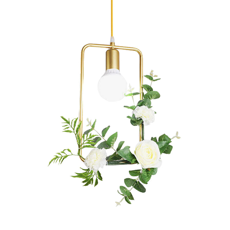 Gold Iron Rectangle/Round Frame Pendant Light With Artificial Bloom Deco - Stylish Suspended