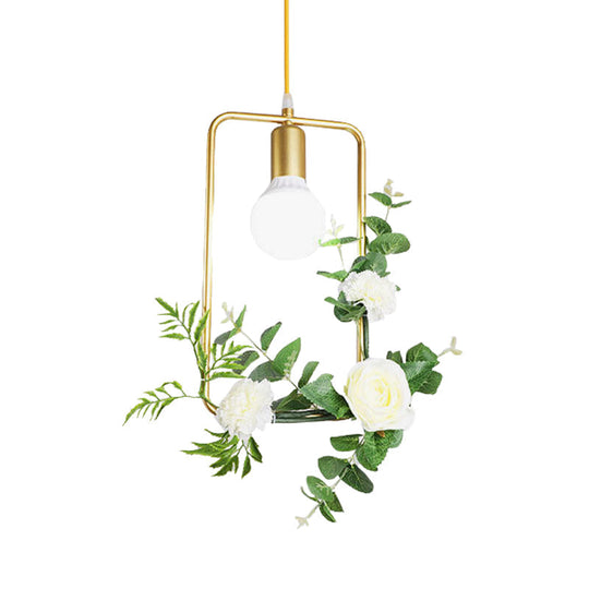 Gold Iron Rectangle/Round Frame Pendant Light With Artificial Bloom Deco - Stylish Suspended