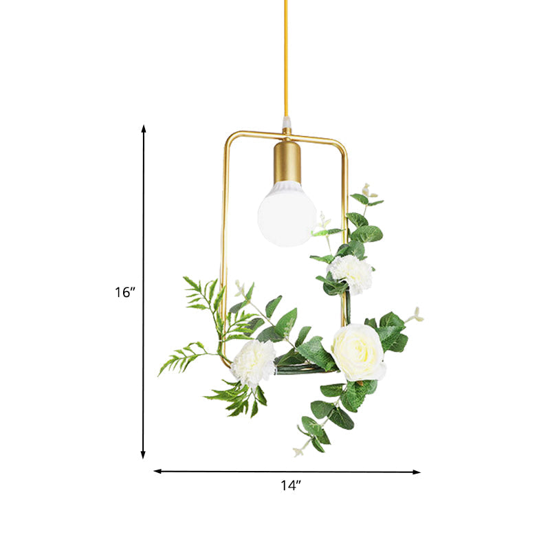 Gold Iron Rectangle/Round Frame Pendant Light With Artificial Bloom Deco - Stylish Suspended