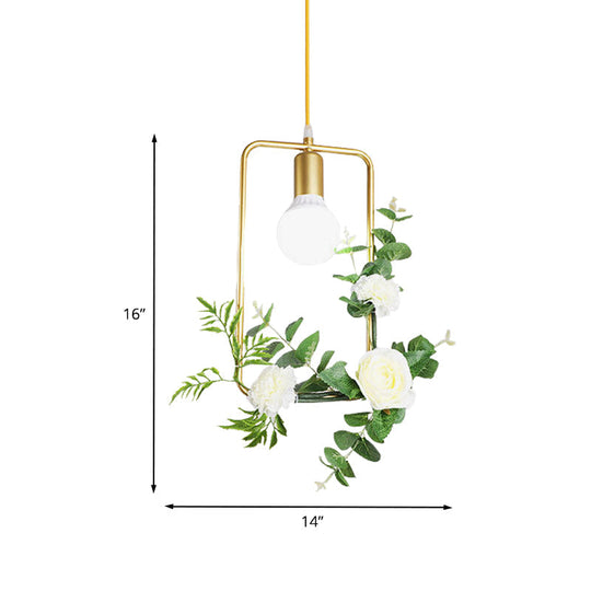 Gold Iron Rectangle/Round Frame Pendant Light With Artificial Bloom Deco - Stylish Suspended